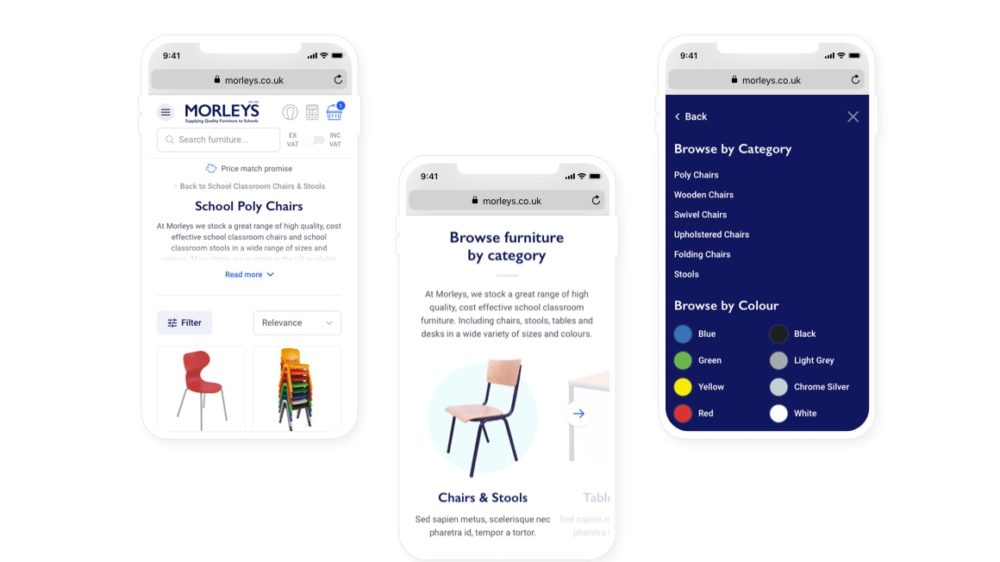 Mobile UI Designs showing navigation for Morleys website redesign