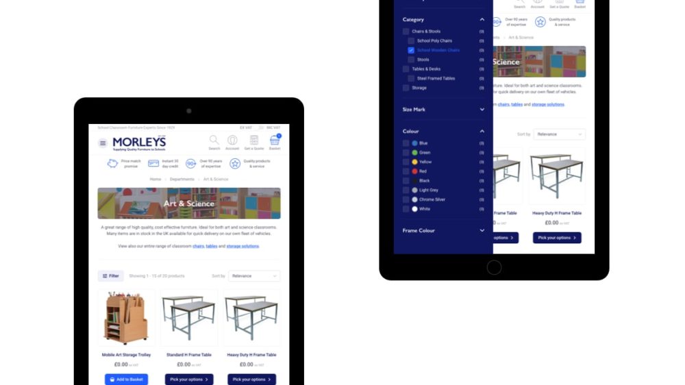 Tablet UI Designs showing navigation for Morleys website redesign