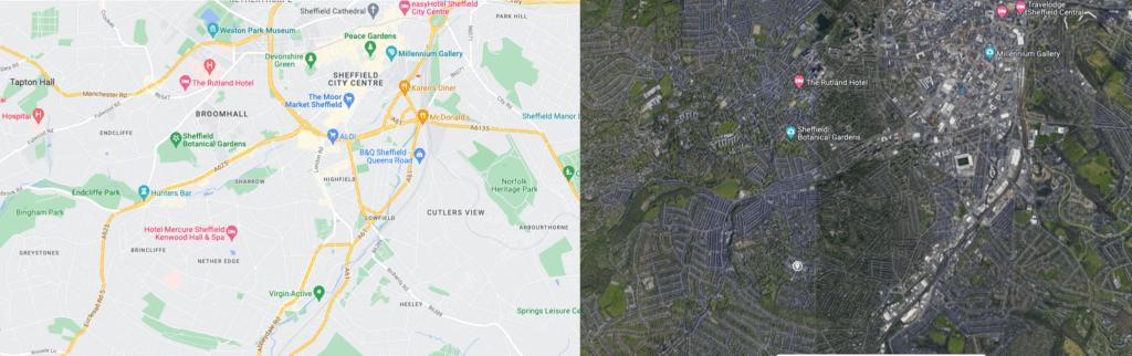 example of a map of Sheffield vs an aerial photo of the same area