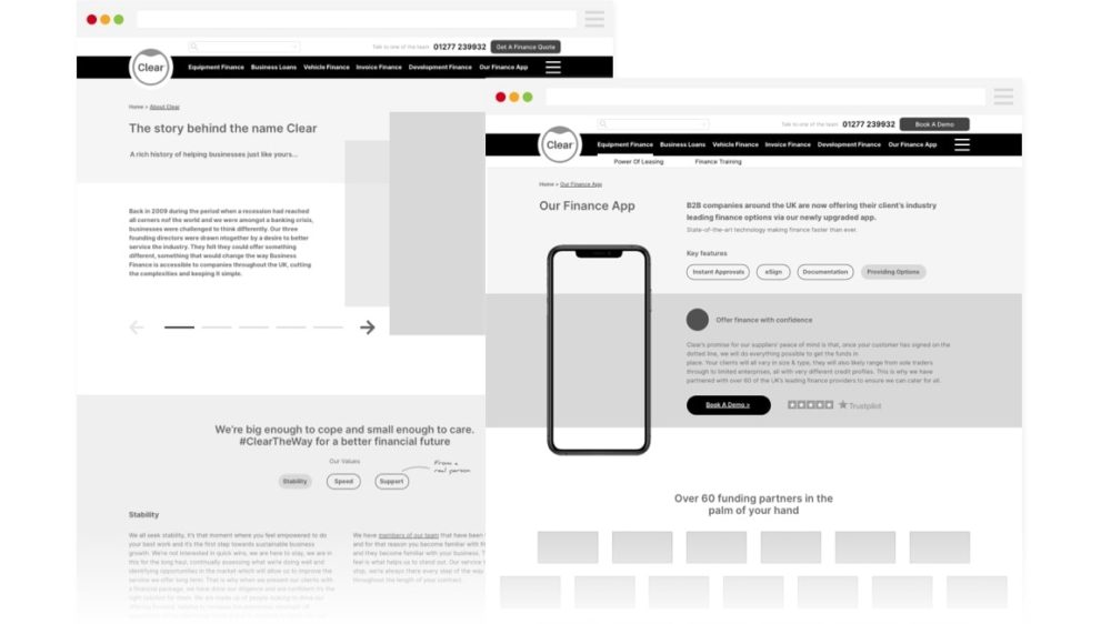 Wireframes for Clear, showing About page and app page