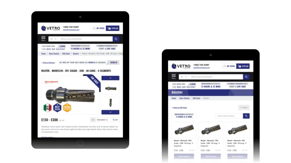 Tablet View of Vetro Tooling WooCommerce Website