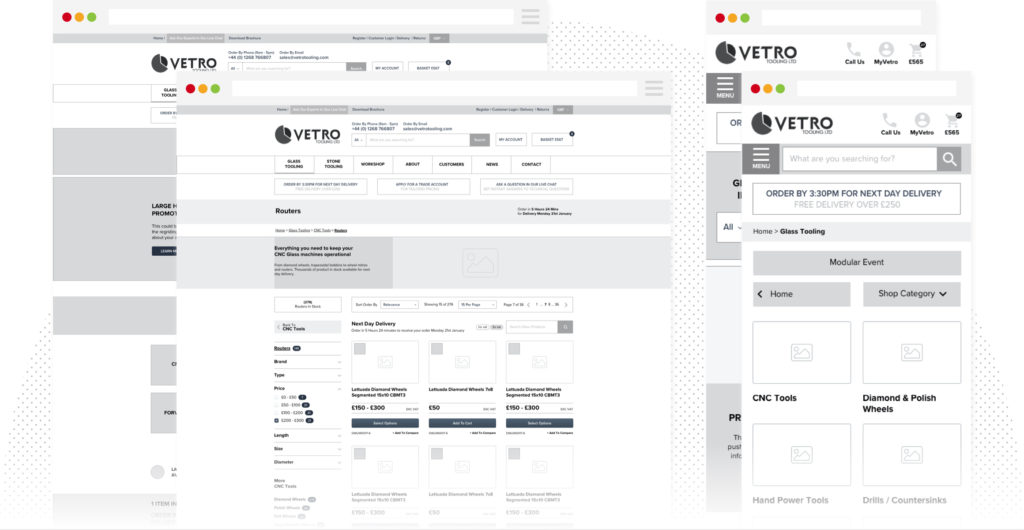 Desktop and Mobile Wireframes design of the Vetro Tooling WooCommerce website