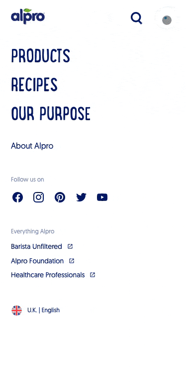 alpro website full page menu on mobile