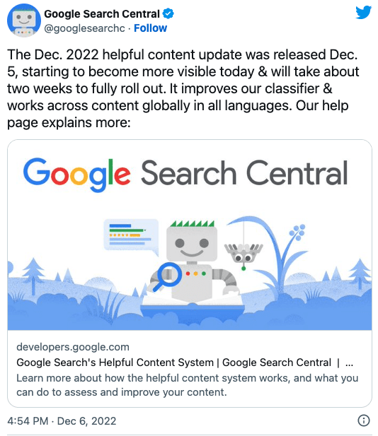 Google Search Central Helpful Content Update Announcement Tweet