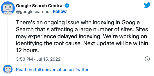 Search Central Twitter indexing issue update
