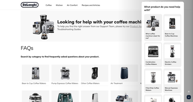 Delonghi's chatbot or self-help wizard