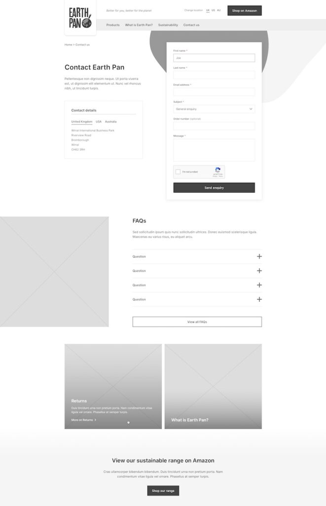 example wireframe of a contact page layout